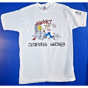 Vintage 90s Computer Hacker White T-Shirt Men's Size Large Single Stich